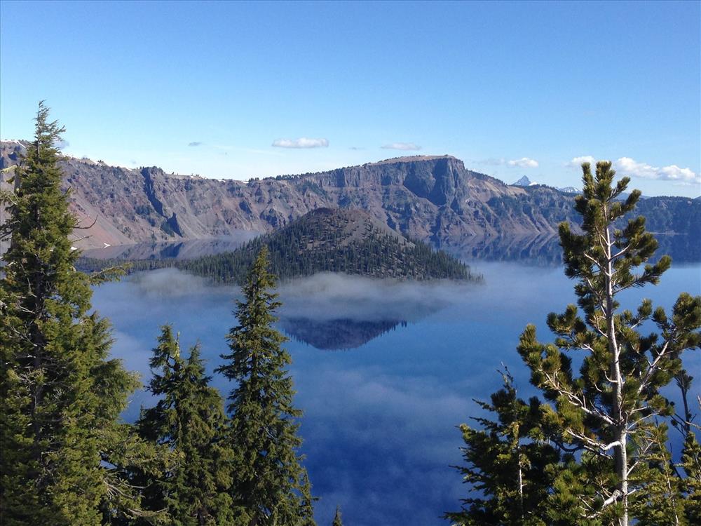 Crater Lake and Wizard Island on a Foggy Day